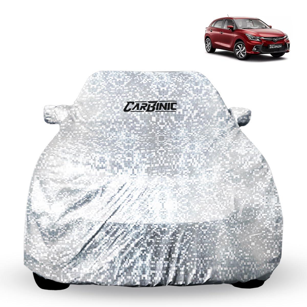 CARBINIC Car Cover for Toyota Glanza 2022 Waterproof (Tested) and Dustproof Custom Fit UV Heat Resistant Outdoor Protection with Triple Stitched Fully Elastic Surface (Silver)