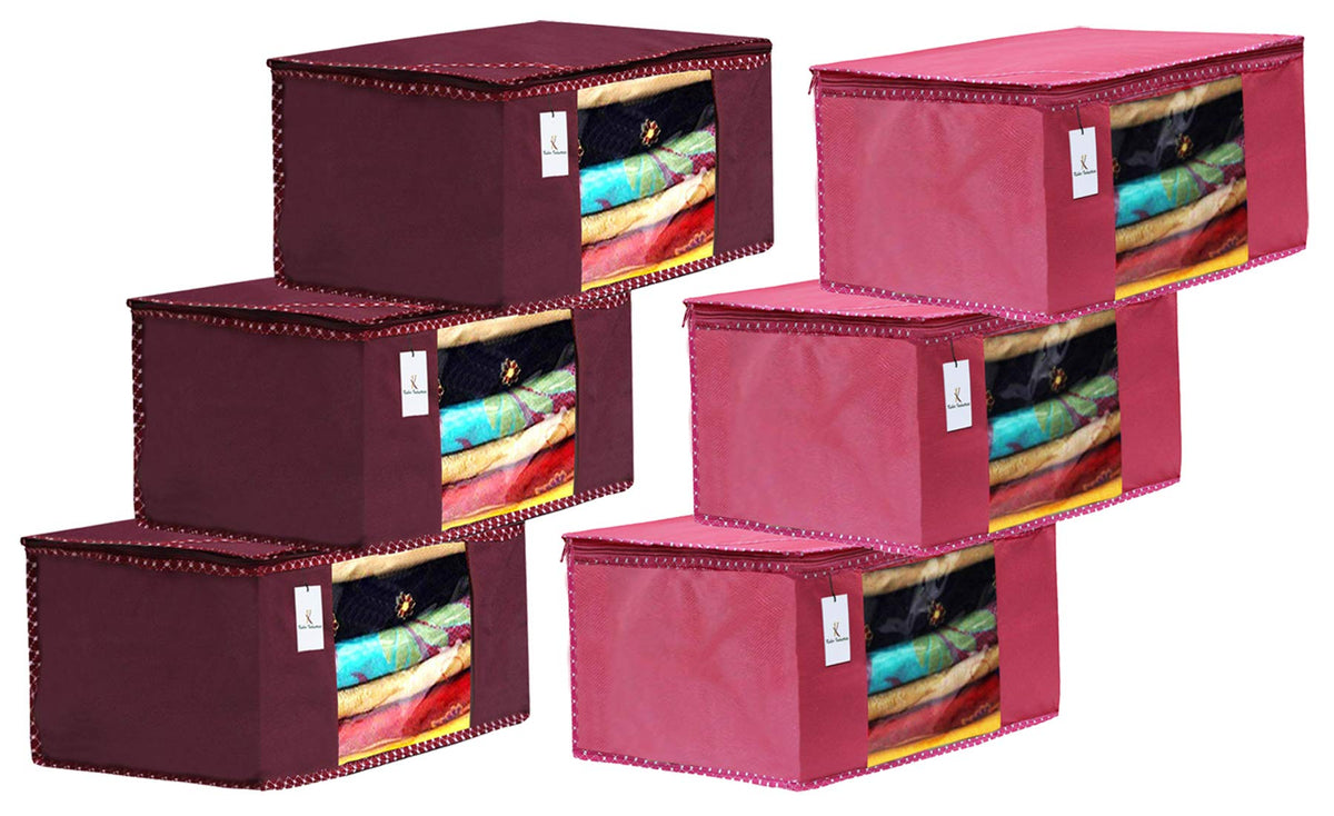 Kuber Industries 6 Piece Non Woven Fabric Saree Cover Set with Transparent Window, Extra Large, Maroon & Pink-CTKTC031949