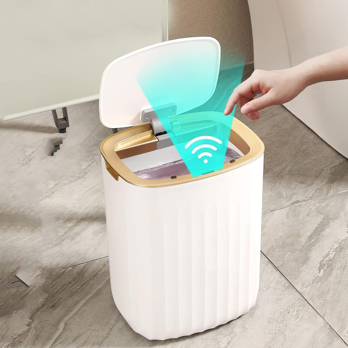 The Better Home 12L Dustbin For Kitchen | Dustbin For Bathroom | 31 cm Automatic Smart Sensor Dustbin For Bedroom | Steel Dustbin With Lid | Dustbin For Office | Garbage Bin - White & Gold