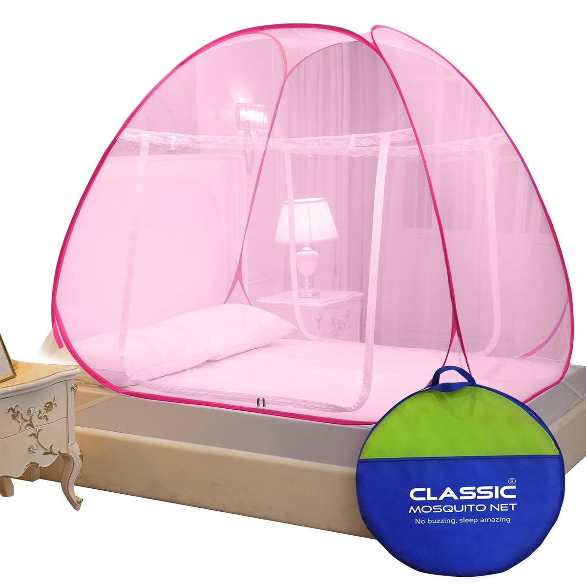 Classic Mosquito Net for Double Bed | Queen Size Foldable Machardani | Polyester 30GSM Strong Net | PVC Coated Corrosion Resistant Steel Wire - Full Pink