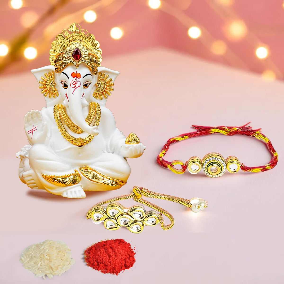 Ekhasa Rakhi Gift Set for Brother | Bhaiya Bhabhi Raakhi with Ganesha Idol Combo | Designer Lumba Rakhis | Raki for Kids Bracelet for Men, Women | Rakshabandhan Rakhee Combo Kit with Roli & Chawal