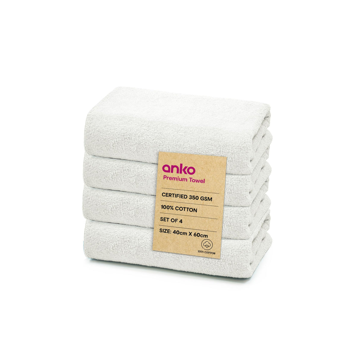 Anko Australia 100% Cotton Madison 350 GSM | Super-Soft, Absorbent, Quick-Drying, White Hand Towel Set of 4 | 60 x 40 cm | Travel, Gym, Spa, Salon Towel