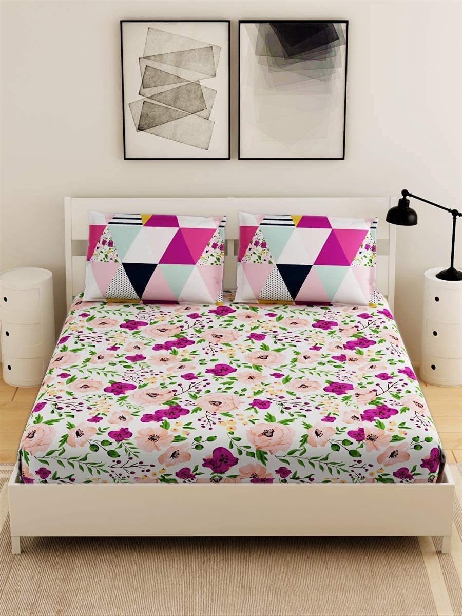 Kuber Industries Floral Design Glace Cotton 144 TC King Size Double Bedsheet with 2 Pillow Covers (Pink, F_26_Kubmart016956)