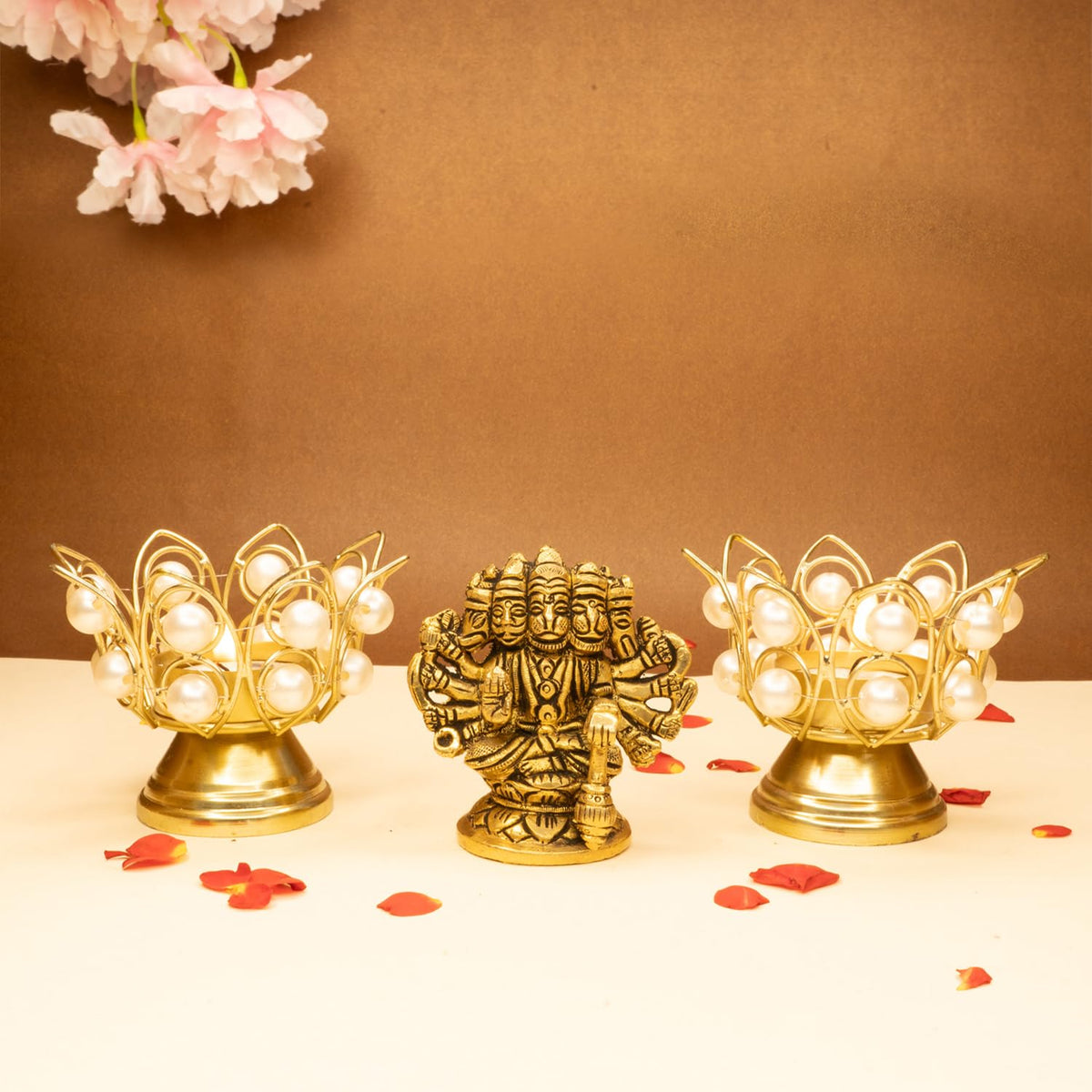 Ekhasa 100% Pure Brass Panchmukhi Hanuman & Tealight Candle Holder (8.4 cm) | 5 Face Hanuman Murti for Door Entrance | Panch Mukhi Hanuman Ji for Car Dashboard | Vastu Protection from Evil Eye (Combo)