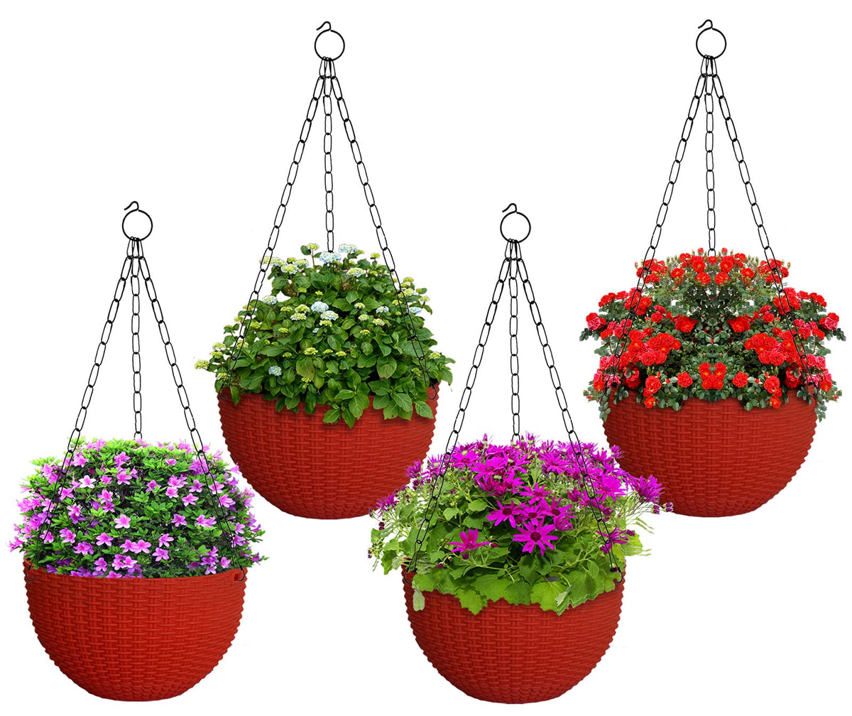 Kuber Industries Plastic Hanging Flower Pot for Balcony & Railing Set of 4 (Red) 53KM3826