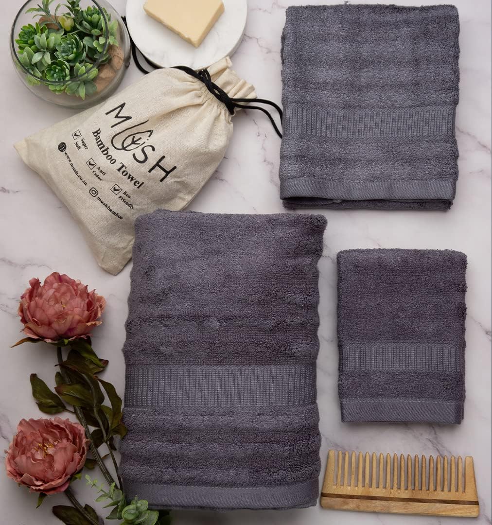 Mush Bamboo 3 PieceTowels Set | Ultra Soft, Absorbent and Antimicrobial 600 GSM (Bath Towel, Hand Towel and Face Towel) Perfect for Daily Use and Gifting (Grey)