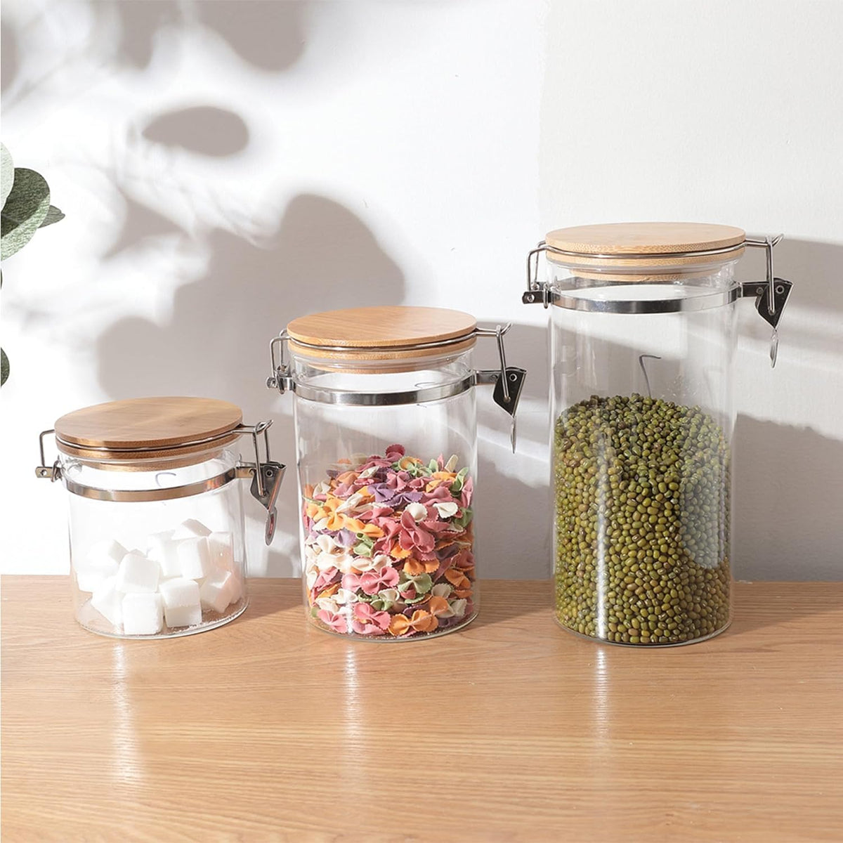 Homestic Borosilicate Glass Jar with Bamboo Lid |Multi-utility | Leakproof | Airtight Storage Jar for Cookies, Snacks, Tea, Coffee, Sugar | Set of 3 (650ml, 1000ml, 1400ml)