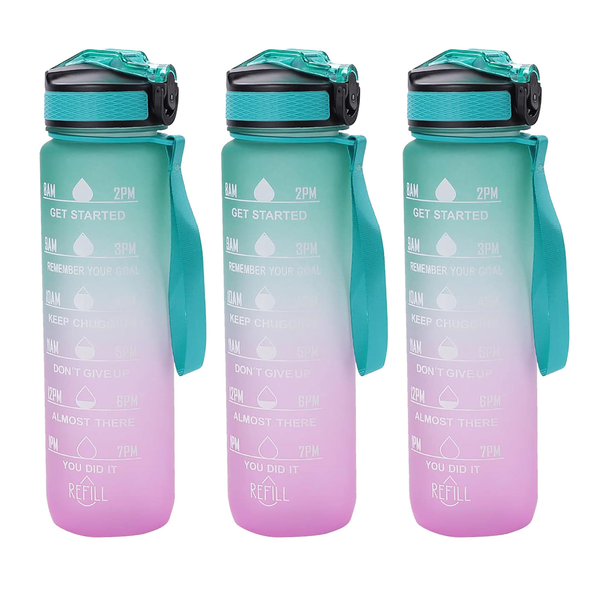 Kuber Industries Motivational Water Bottle with Time Marker | Sipper Water Bottle for Kids & Adults with Straw | For Gym, Home, Office & School | Green Purple -1 L (Pack Of 3)