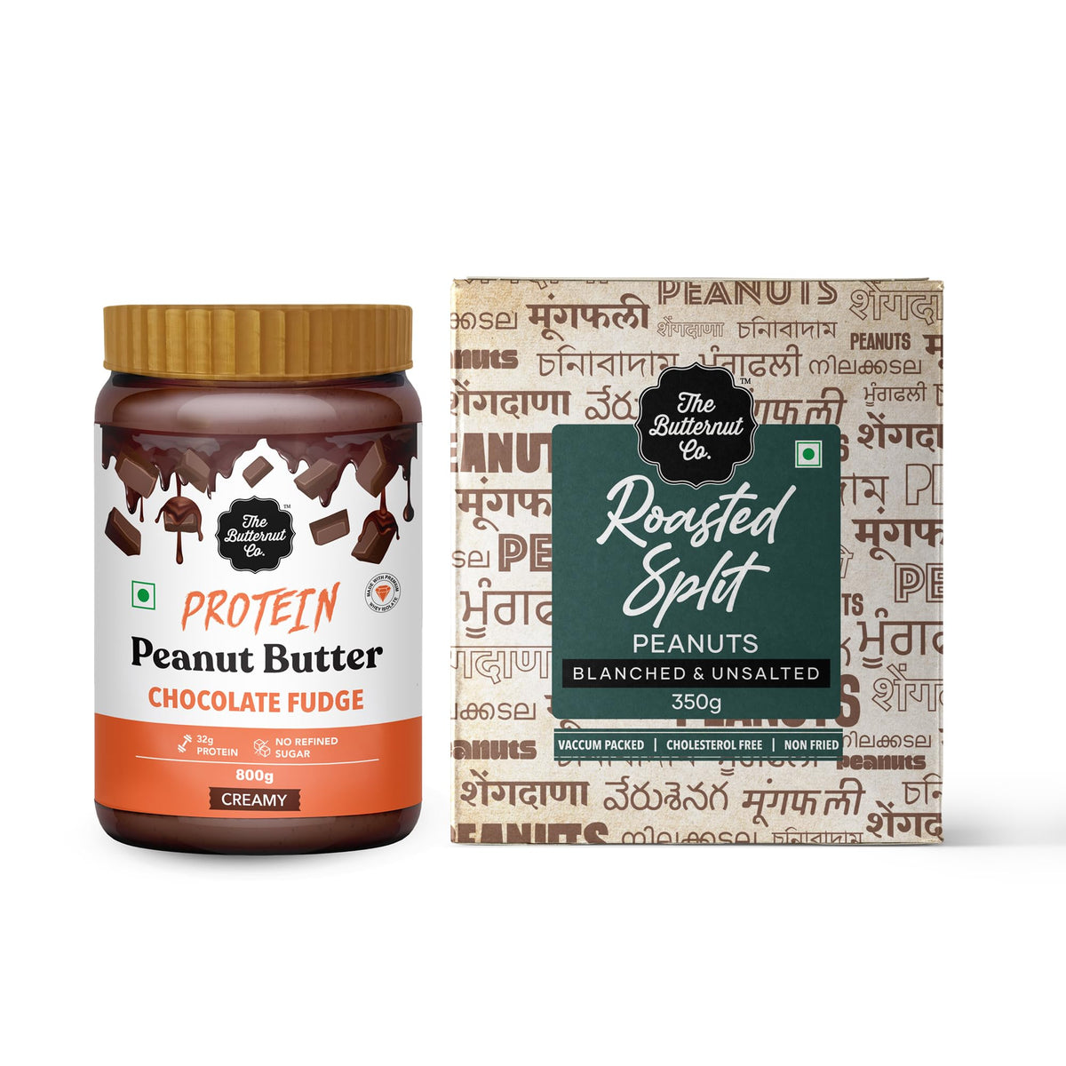 The Butternut Co. Protein Chocolate Fudge Peanut Butter Creamy 800g & Roasted Split Peanuts 350g - 1.15kg Combo Value Pack