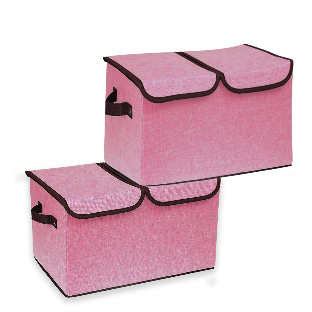 Kuber Industries Double Lid Foldable Storage Box|Toys Storage Bin|Wardrobe Organizer For Clothes|Front Handle & Stackable Pack Of-2 (Pink)