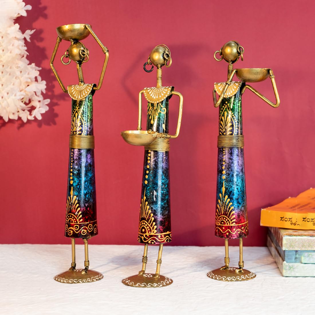 Ekhasa Metal Show Pieces & Tealight Candle Holders for Home Decor | Handcrafted Gift Items for Showcase or TV Decoration | Figurines for Table or Living Room Decoration (Tribal Ladies - Set of 4)