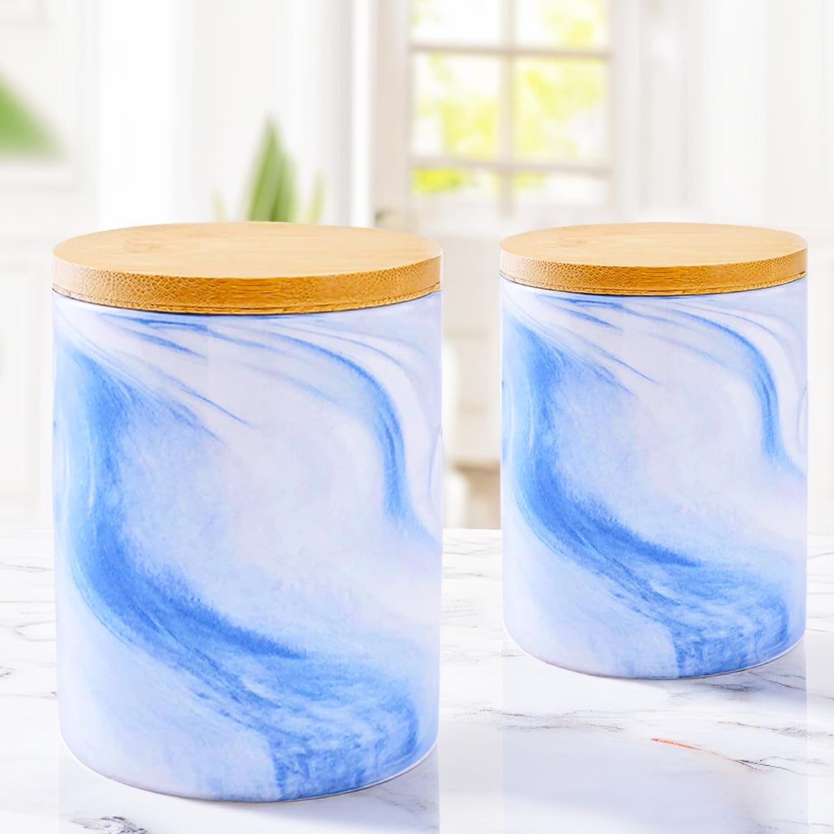 Gleevers Ceramic Jar with Bamboo Lid Pack of 2 (400ml each) | Air Tight Containers for Kitchen Storage | Kitchen Organizer Items & Storage | Gift for Housewarming | Blue