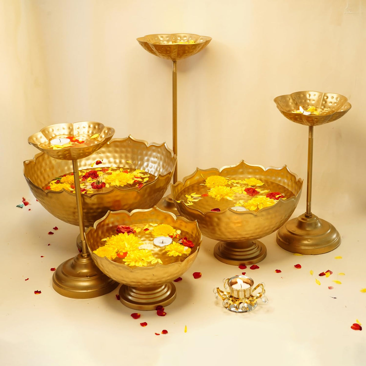 Ekhasa Big Combo Pack Taj Urli Bowl Stand & Tealight Holder for Home Decor | Floating Flowers Water Bowl Decorative Items (3 Bowls+3 Stands+1 Tealight Holder) for Diwali Pooja, Festivals Decoration