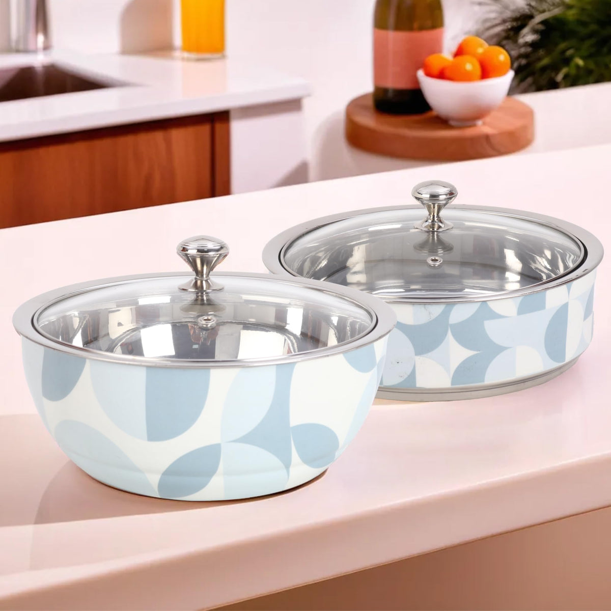 UMAI Insulated Serving Casserole (2Pcs - 1.5L Each) | Stainless Steel Hotpot with Transparent Glass Lid | Hot Pot for Roti Box | Curry Bowls for Serving | House Warming Gifts for New Home (Blue)