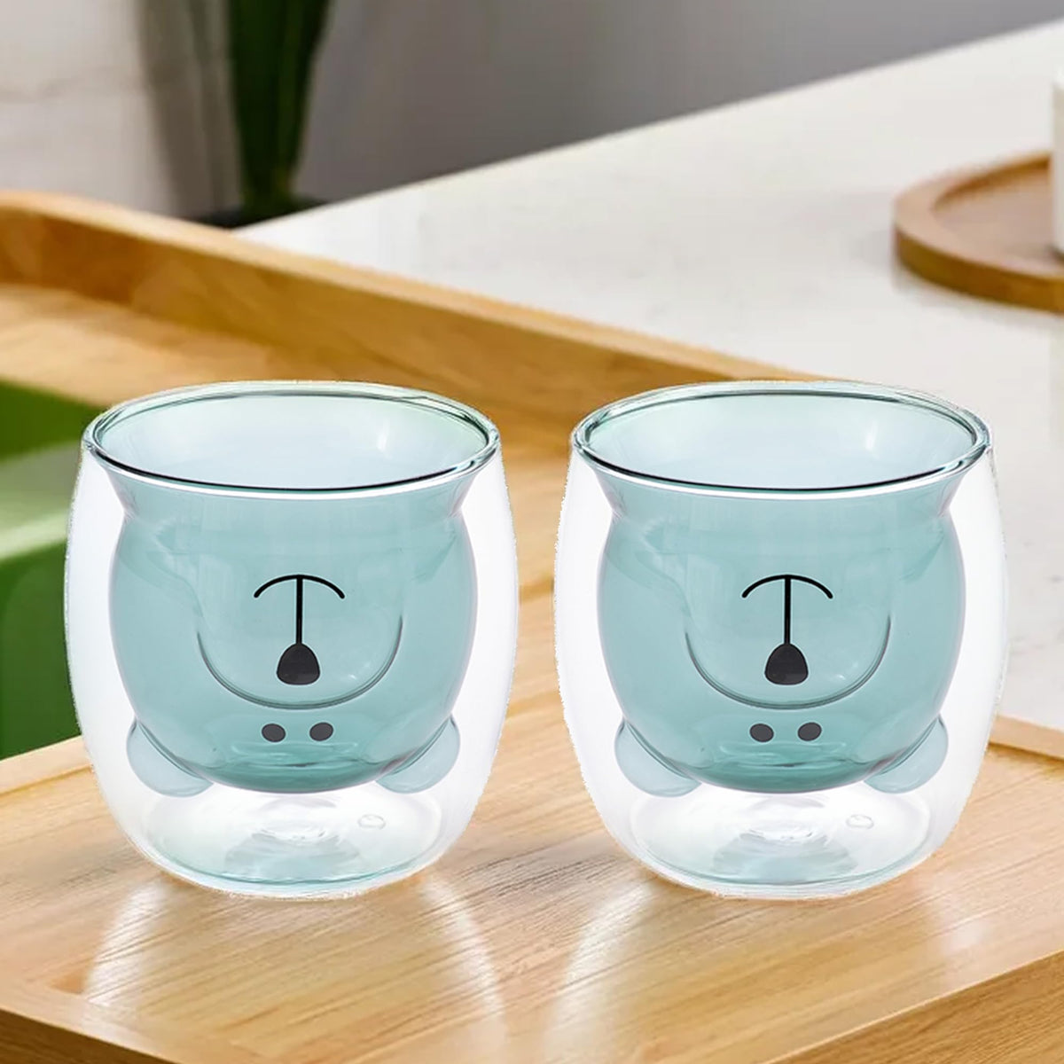 UMAI Cute Teddy Bear Glass Mug Set of 2 I Double Walled Borosilicate 250ml I Transparent I Microwave Safe I Scratch Proof I Coffee Mugs for Couples I Blue I Gift for Friends, Family and Loved Ones