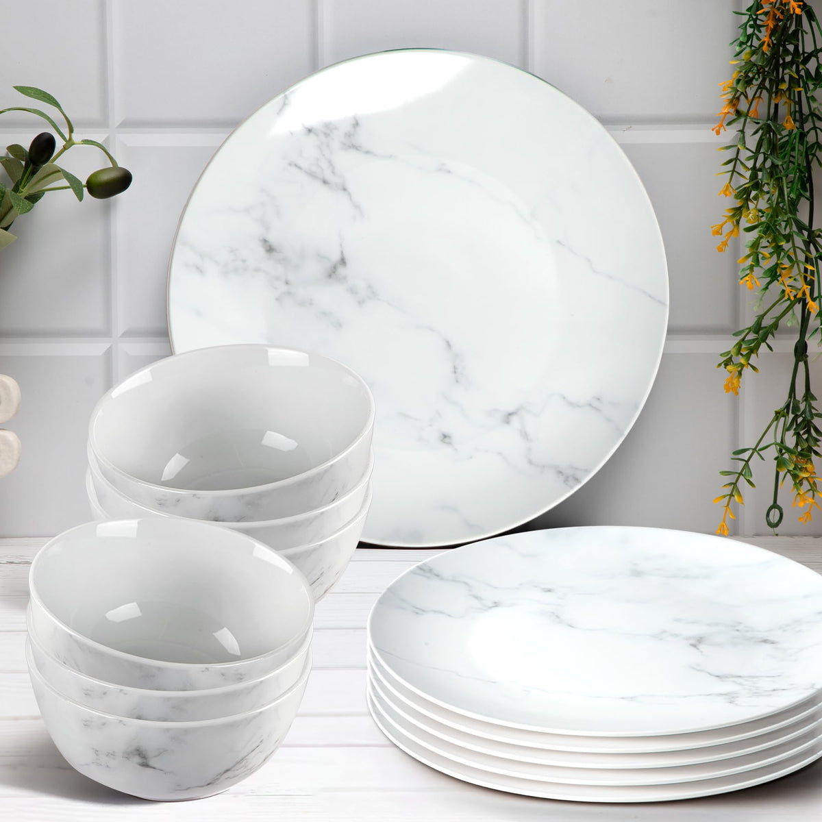 Anko Stoneware Marble Look 12 Pcs Dinner Set | Premium Crockery For Dining Table, Home, Restaurant, Gifting | Aesthetic Tableware Service Set For 6 | 6 Dinner Plates, 6 Bowls, White