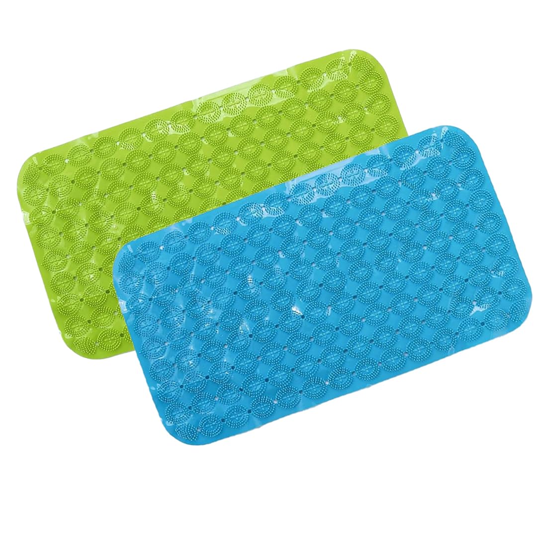 Savya Home Anti Skid Bath Mat for Bathroom, Mat for Kitchen, Mat for Shower area, Bathtub Mats| PVC Bath Mat with Suction Cup, Machine Washable Floor Mat (67x37 cm)| Blue & Green