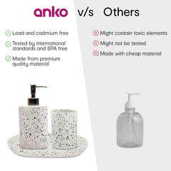 Anko Terrazzo Soap Dispenser, Tray & Toothbrush Holder stand set for Bathroom | Washroom Storage Organizer | Sanitizer, Lotion, Shampoo Bottle with pump | Rust-proof, leak-proof, Easy-to-clean | Stylish accessory - Terrazzo
