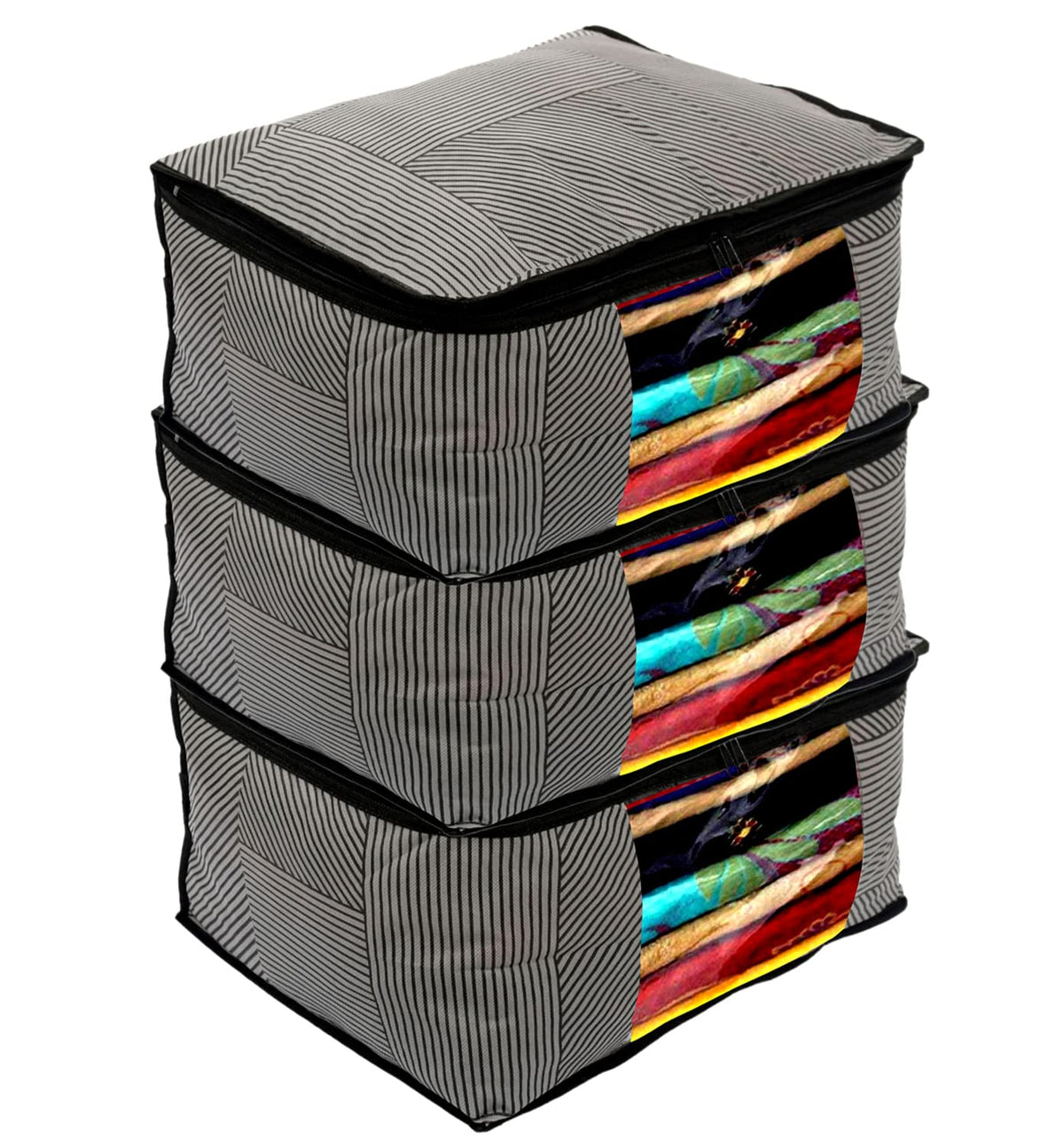 Kuber Industries Non-Woven Lining Print Saree Organizer|Wardrobe Organizers With Transparent Window, Zipper, Set of 3 (Gray)