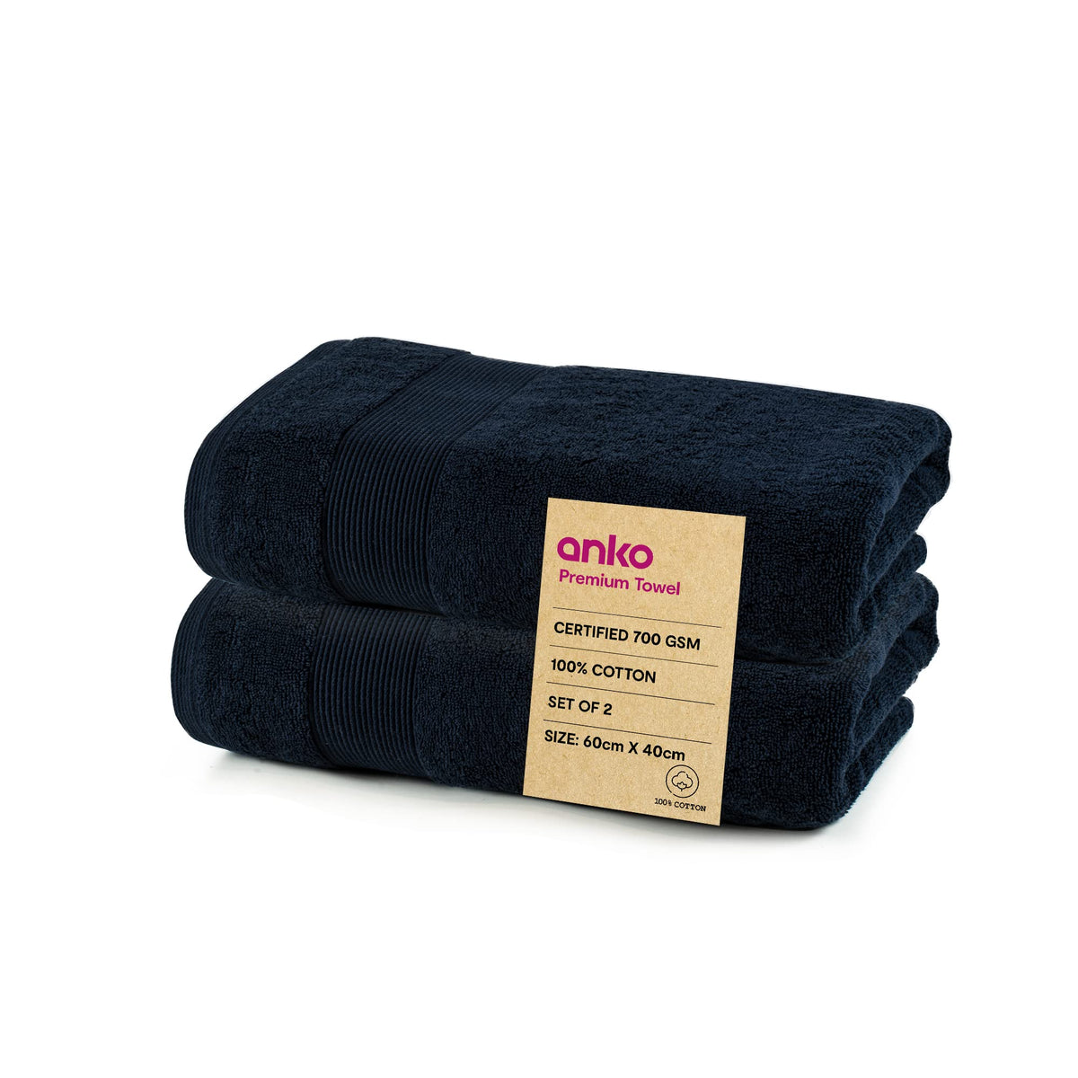 Anko Australia 100% Cotton 700 GSM Plush Hand Towel | Set of 2 | Super-Soft, Absorbent, Quick-Drying | Navy Blue Towel for Men, Women & Kids | 60x40 cm |Travel, Gym, Spa Towel