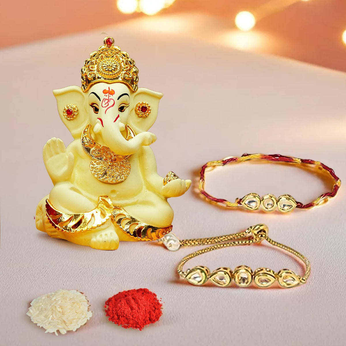 Ekhasa Rakhi Gift Set for Brother | Bhaiya Bhabhi Raakhi with Ganesha Idol Combo | Designer Lumba Rakhis | Raki for Kids Bracelet for Men, Women | Rakshabandhan Rakhee Combo Kit with Roli & Chawal