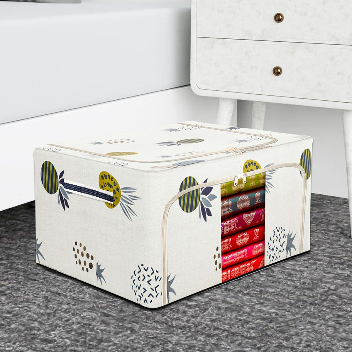 Heart Home Storage Box | Steel Frame Storage Box | Clothes Storage Box | Storage Box for Clothes | Blankets | Pineapple Print Living Box | Wardrobe Organizer | 66 Liter | Cream