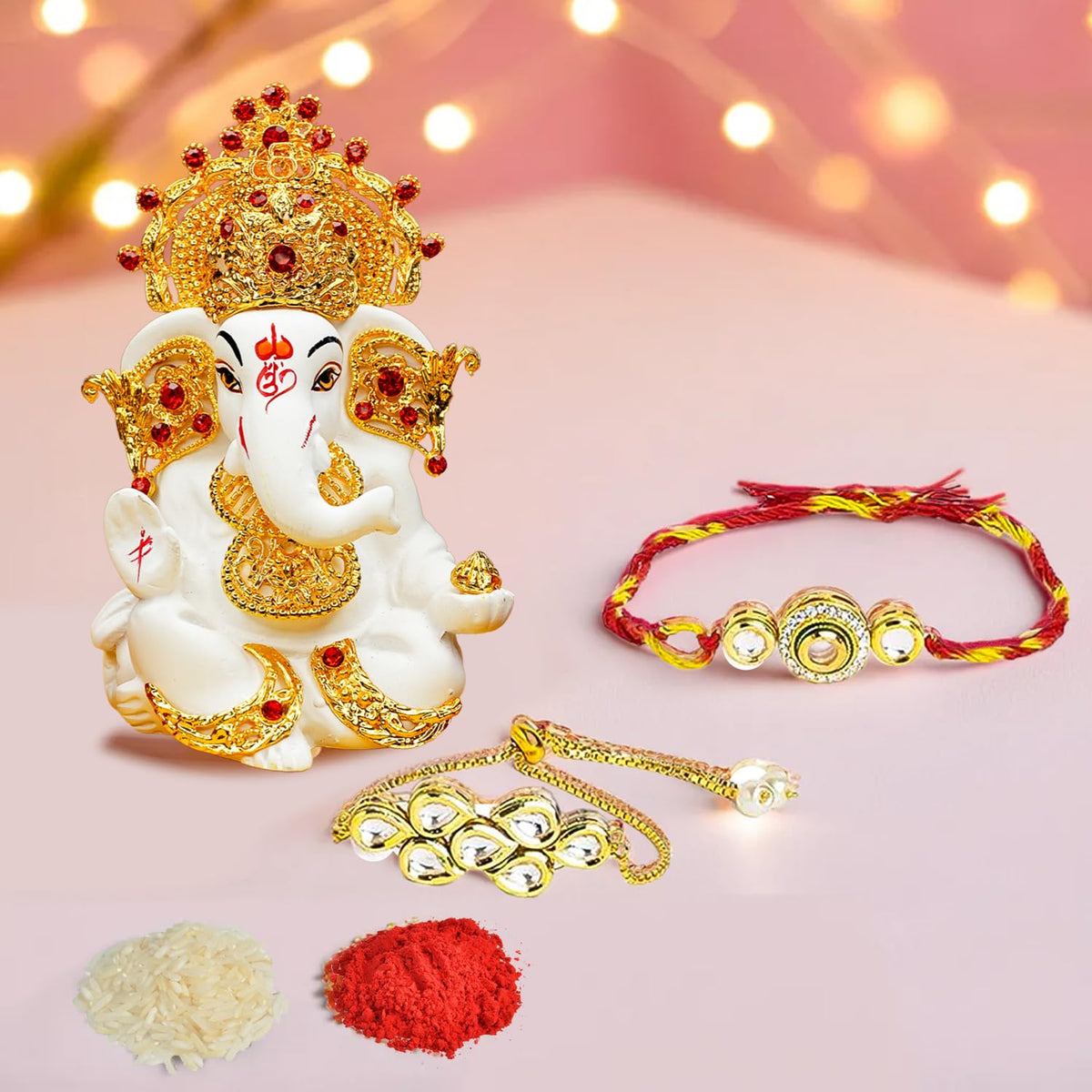 Ekhasa Rakhi Gift Set for Brother | Bhaiya Bhabhi Raakhi with Ganesha Idol Combo | Designer Lumba Rakhis | Raki for Kids Bracelet for Men, Women | Rakshabandhan Rakhee Combo Kit with Roli & Chawal