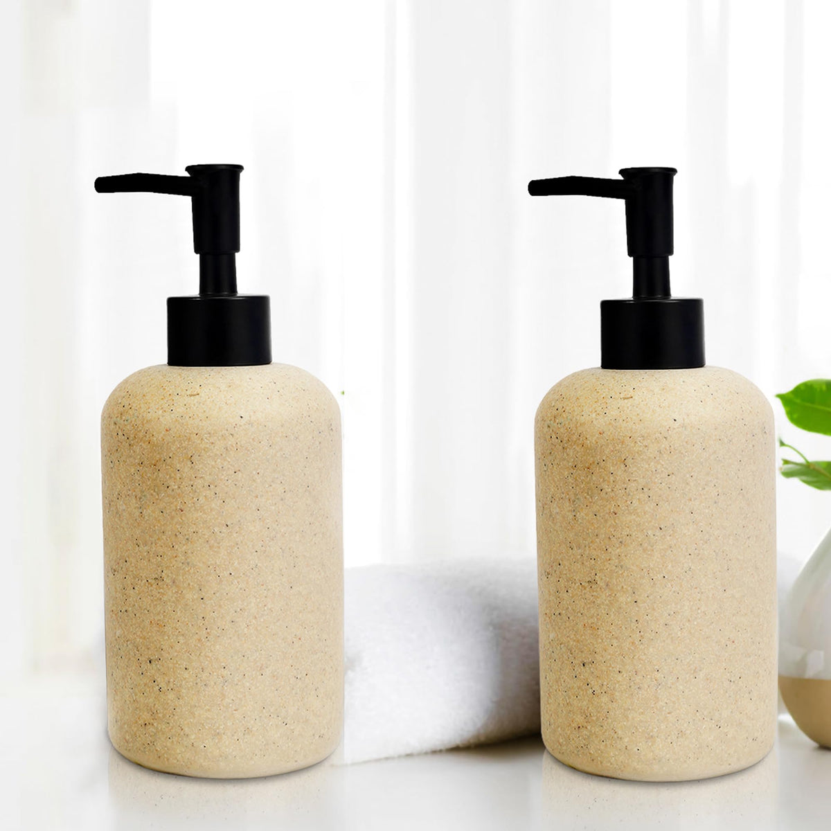 Anko Liquid Soap Dispenser - Pack of 2 | Polyresin Soap Dispenser| Bathroom Sanitizer, Lotion, Shampoo Dispenser | Handwash Bottle for Kitchen | Soap Dispenser for Wash Basin - Beige 400 ml