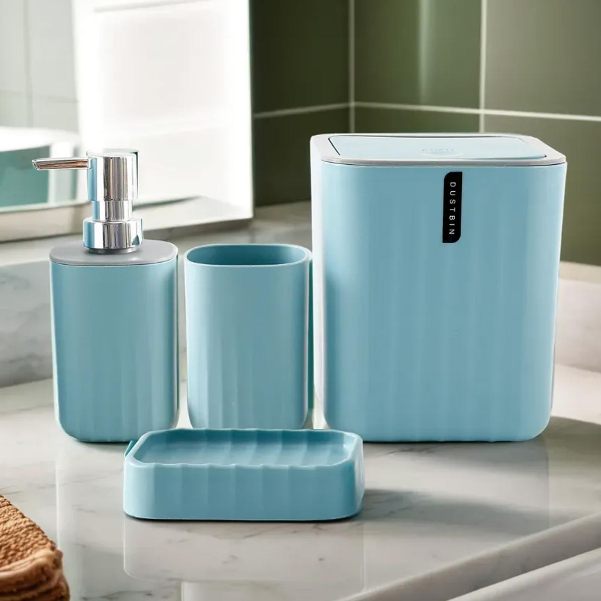 UMAI Bathroom Accessories Set of 4 Pcs | Soap Dispenser for Bathroom(7 * 7 * 15cm) | Dustbin for Bathroom | Soap Case for Bathroom | Mouth Wash Cup Bathroom Accessories Items-Blue