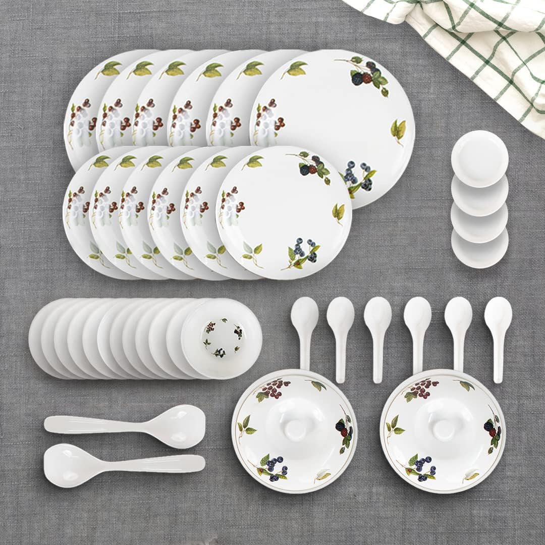 Kuber Industries 40 Pieces Round Melamine Microwave & Dishwasher Safe Dinnerware Kitchen Crockery Set | Glossy Dinner Sets & Kitchen Set for Home | Deluxe Blueberry Floral - White