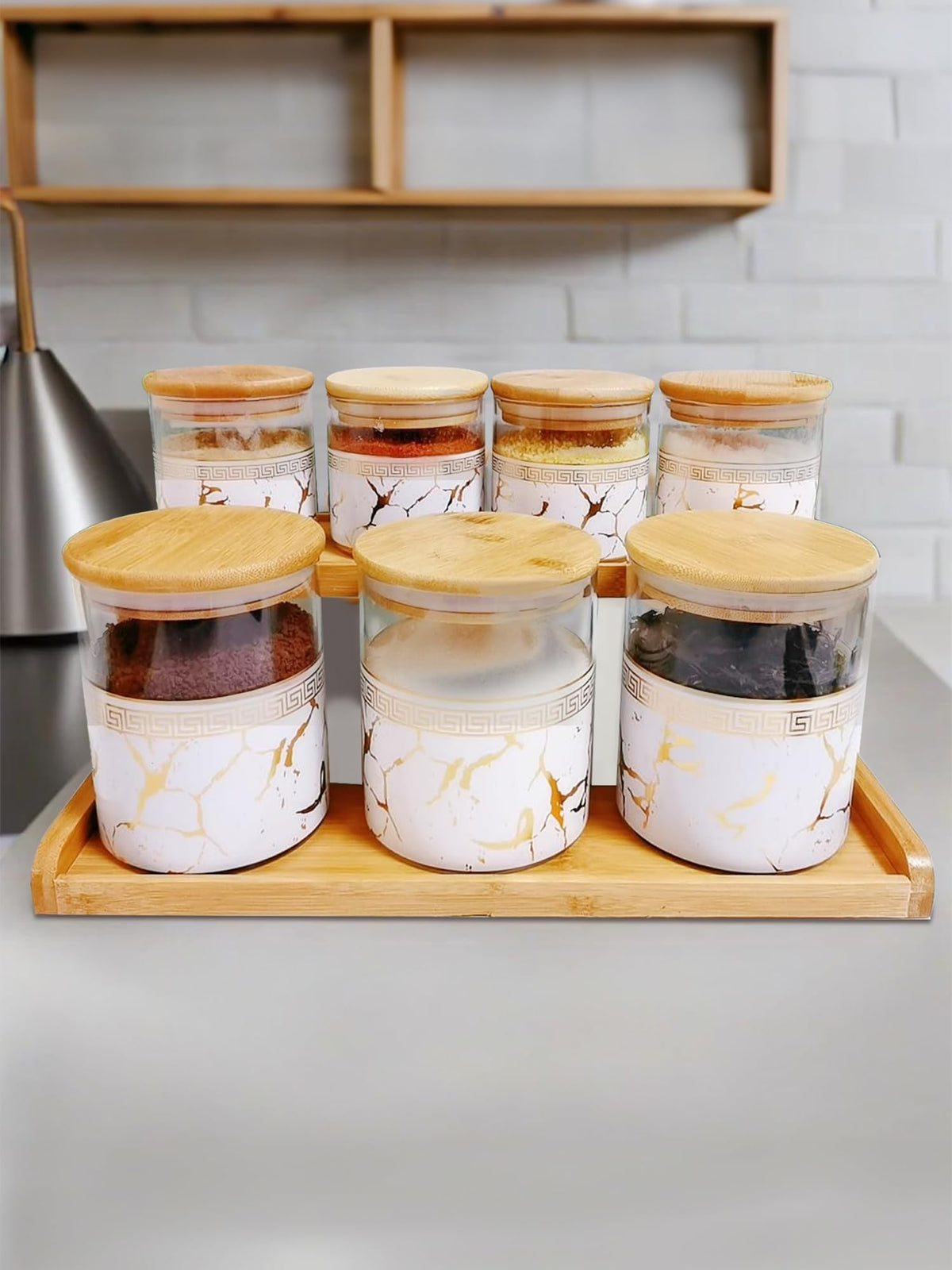 The Better Home Pack of 7 Kitchen Organizer Borosilicate Jars with Bamboo Lid & Tray | 4 Pcs 350 ml & 3 Pcs 850 ml | Glass Jars for Cookies, Spices, Snacks, Tea, Coffee, Sugar | BPA Free | White