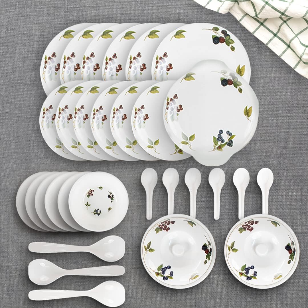 Kuber Industries 32 Pieces Round Melamine Microwave & Dishwasher Safe Dinnerware Kitchen Crockery Set | Glossy Dinner Sets & Kitchen Set for Home | Blueberry Floral - White