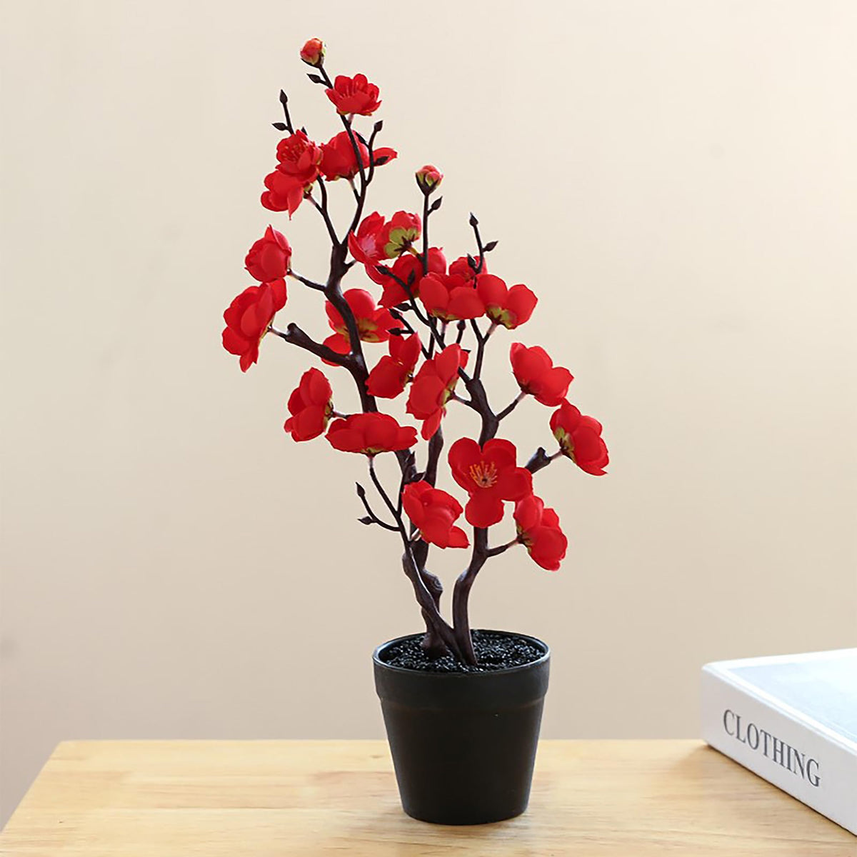 UMAI Artificial Plant with Pot 34cm | Two Forked Small Red Plum Blossom | Plastic Home Decor Office Desk Bedroom Balcony Living Room Table Top Shelves | Natural Look Decoration