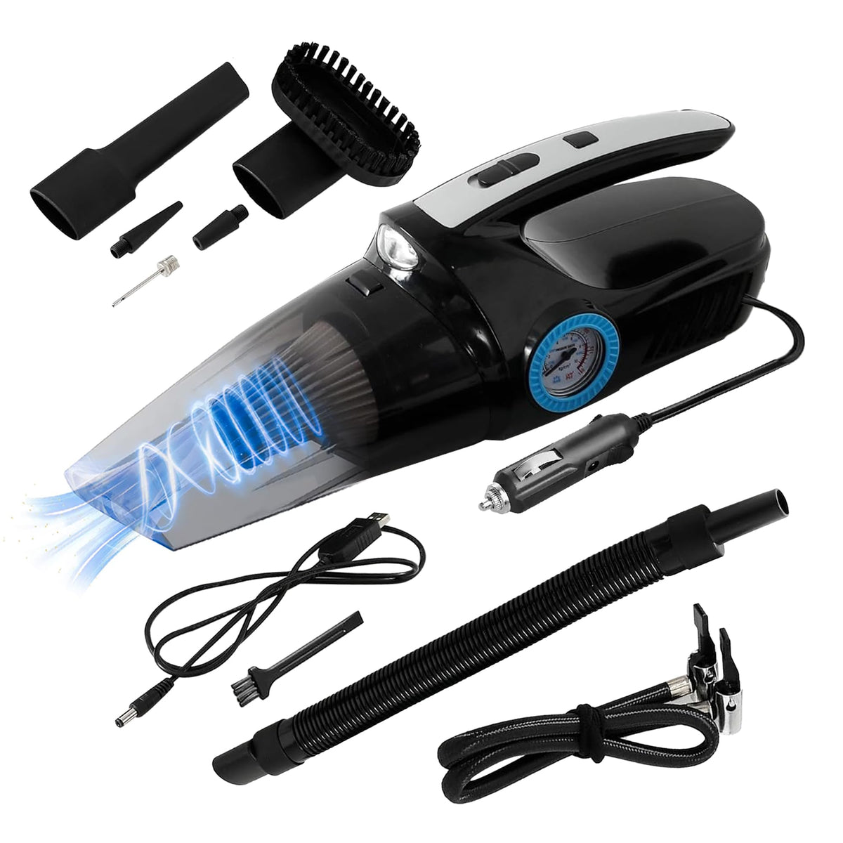 CARBINIC 4-in-1 Portable Vacuum Cleaner for Home & Car | 4.2M Cord, 2X Powerful 6000 Pa Suction, 12V DC | Car Vacuum Cleaner & Tyre Inflator | Tire Pressure Guage LCD Display | Handheld Vacuum Cleaner