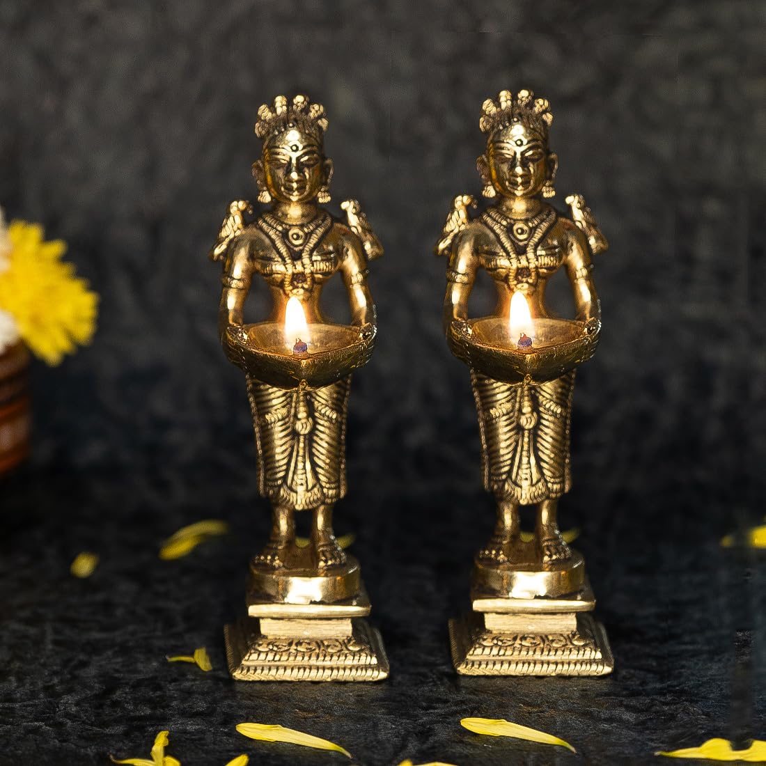 Ekhasa 100% Pure Brass Diya for Puja (Size: 12.8 cm) | Standing Diya for Pooja | Pital Stand Diya for Puja | Brass Lamps for Pooja | Standing Lady Holding Brass Diya in Hand for Pooja (Set of 2)