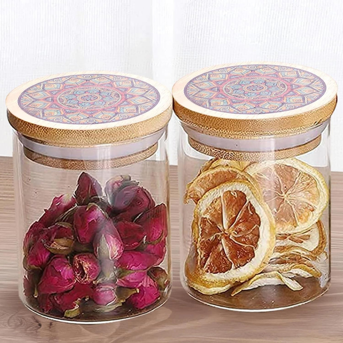 Ekhasa Airtight 100% Borosilicate Glass Jars with Printed Bamboo Lid (Set of 2, 300ml) | Glass Container for Kitchen Storage | Kitchen Containers Set Glass | Air Tight Glass Jar with Wooden Lid