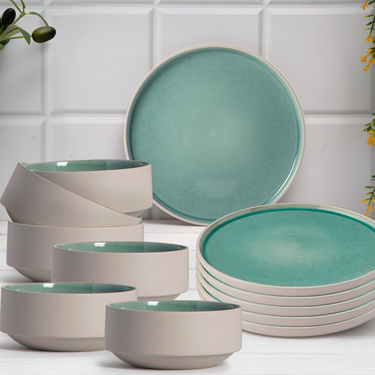 Anko Glazed Solid Stoneware 12 Pcs Dinner Set Light-Weight Premium Crockery For Dining Table, Home, Restaurant, Gifting Aesthetic Tableware Service Set For 6 6 Bowls (6"), 6 Side Plates (7"), Green