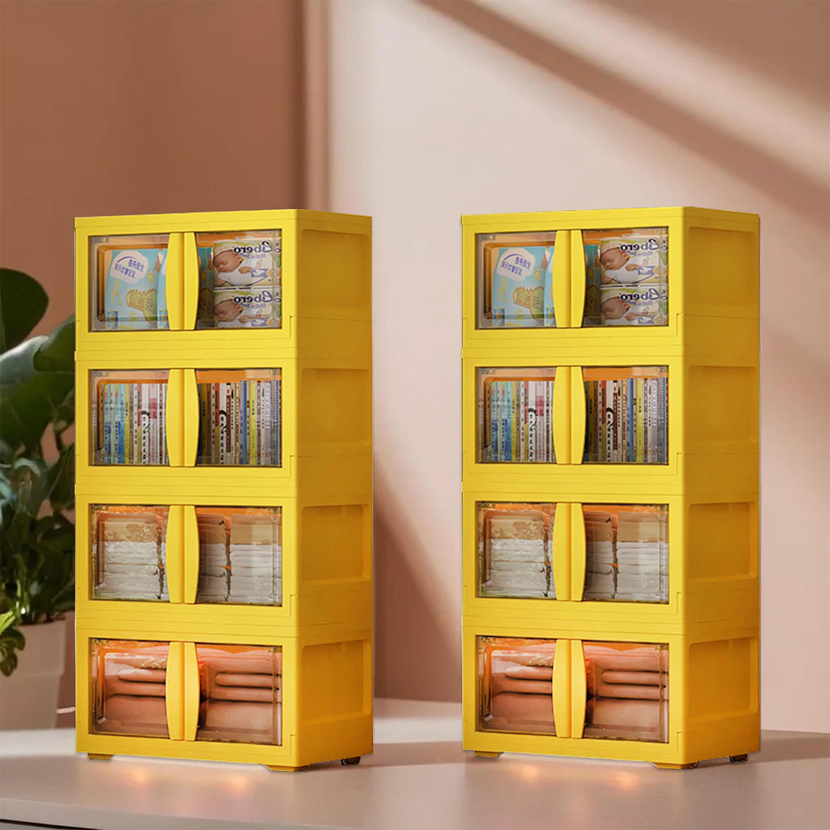 Kuber Industries (Set of 2) 4-Layer Double Door Almirah for Clothes - Collapsible & Foldable Dress Racks/Plastic Cupboard for Storage - Yellow