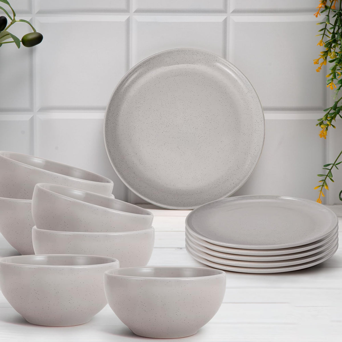 Anko Glazed Stoneware 12 pcs Dinner Set | Premium Crockery for Dining Table, Home, Restaurant, Gifting | Aesthetic Tableware Service Set for 6 | 6 Bowls (5.5"), 6 Side Plates (7"), Speckled White