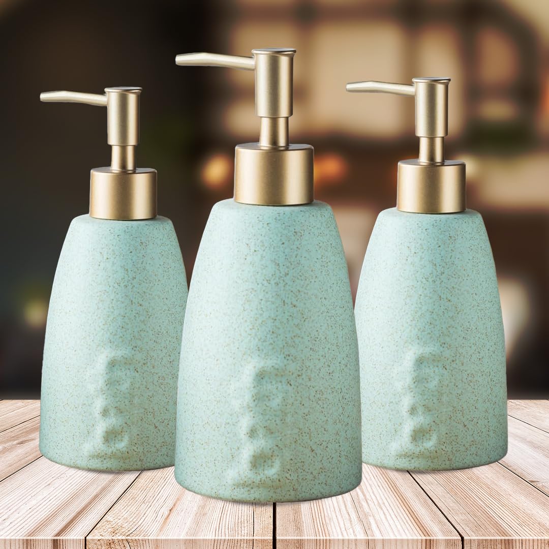 UMAI Liquid Soap Dispenser | Stoneware | Bathroom Sanitizer, Lotion, Shampoo Dispenser | Ceramic Handwash Bottle for Kitchen | Soap Dispenser for Wash Basin | Bathroom Accessories (Pack of 3)