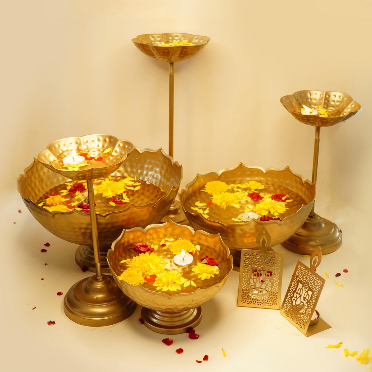 Ekhasa Big Combo Pack Taj Urli Bowl Stand & Tealight Holder for Home Decor | Floating Flowers Water Bowl Decorative Items (3 Bowls+3 Stands+2 Tealight Holders) for Diwali Pooja, Festivals Decoration