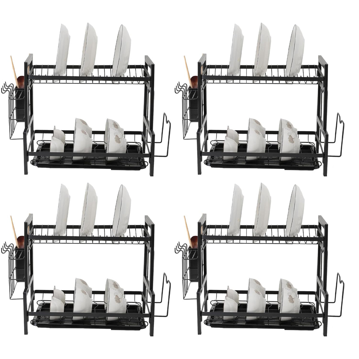 Kuber Industries 2-Layer Dish Drying Rack|Storage Rack for Kitchen Counter|Drainboard & Cutting Board Holder|Premium Utensils Basket|Free Mounting Pack of 4 (Black)