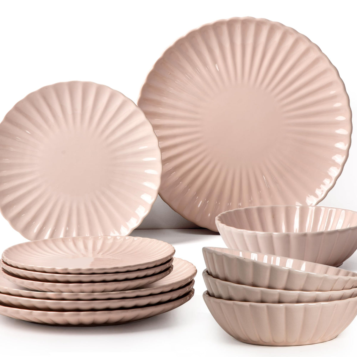 Anko Scalloped 12 Pieces Dinner Set | Premium Crockery for Dining Table| Lead & Cadmium Free, Microwave & Dishwasher Safe| Stoneware|Scalloped Design| 4 Dinner Plates, 4 Side Plates, 4 Bowls | Pink