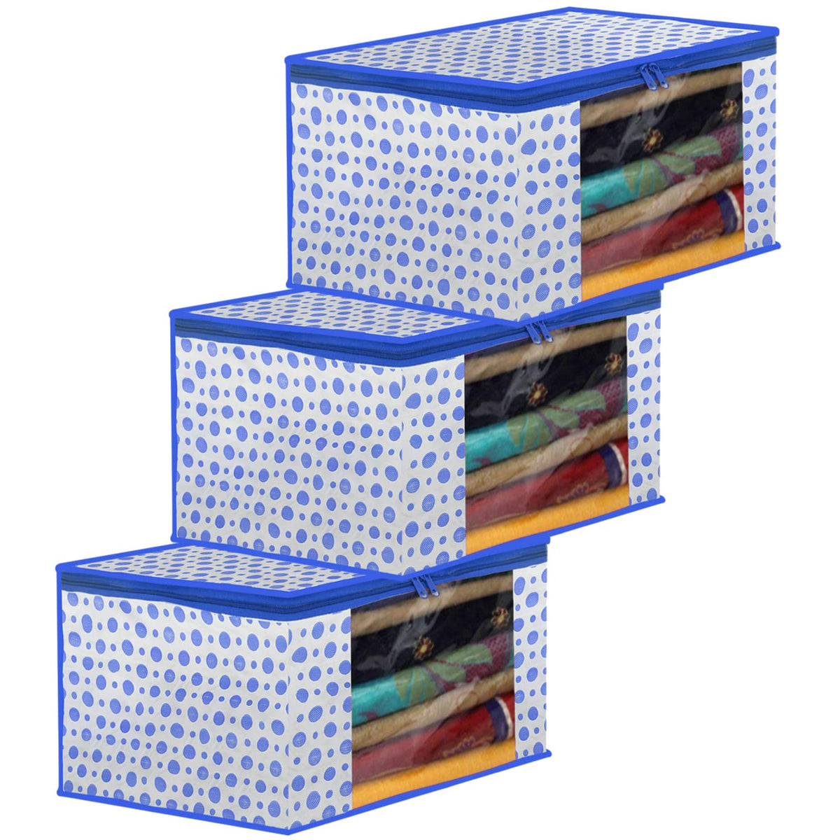 Kuber Industries Dot Printed Foldable, Lightweight Non-Woven Saree Cover/Organizer With Tranasparent Window- Pack of 3 (Blue)-46KM0493