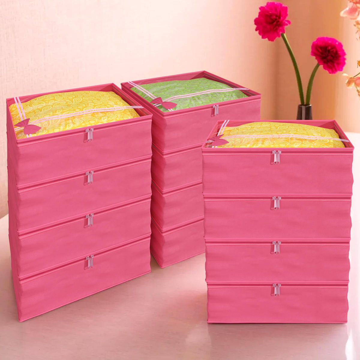 Kuber Industries Saree Cover | Clothes Storage Bag | Storage Organizer Bag | Zip Closure Saree Cover | Wardrobe Organizer | Bow-Design | 6 Inch | Pack of 12 | Pink