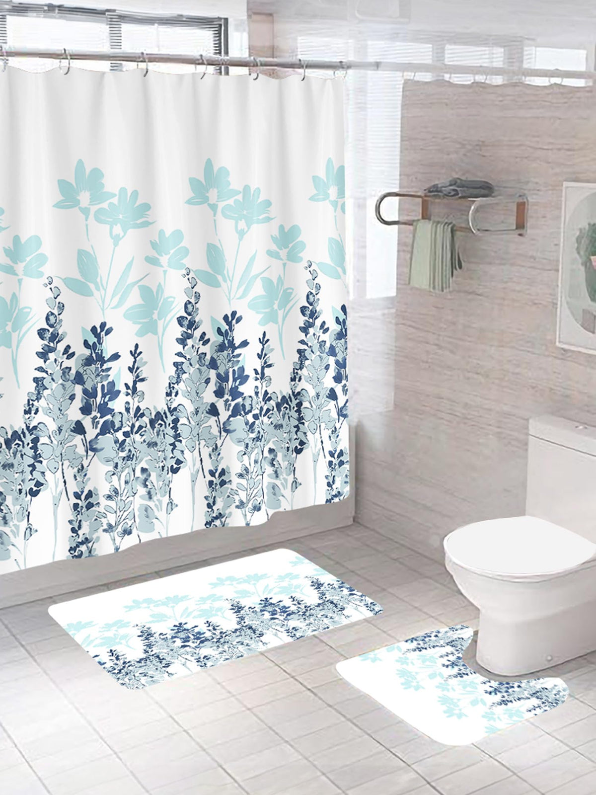 SAVYA HOME Shower Curtain(180*180cm) Bathroom Mat(45*75cm) & U Shaped Mat(45*38cm) | 3Pcs Bathroom Accessories Set | Anti Skid Mat For Bathroom Floor | Water-Poof Polyester Material- Blue Flowers