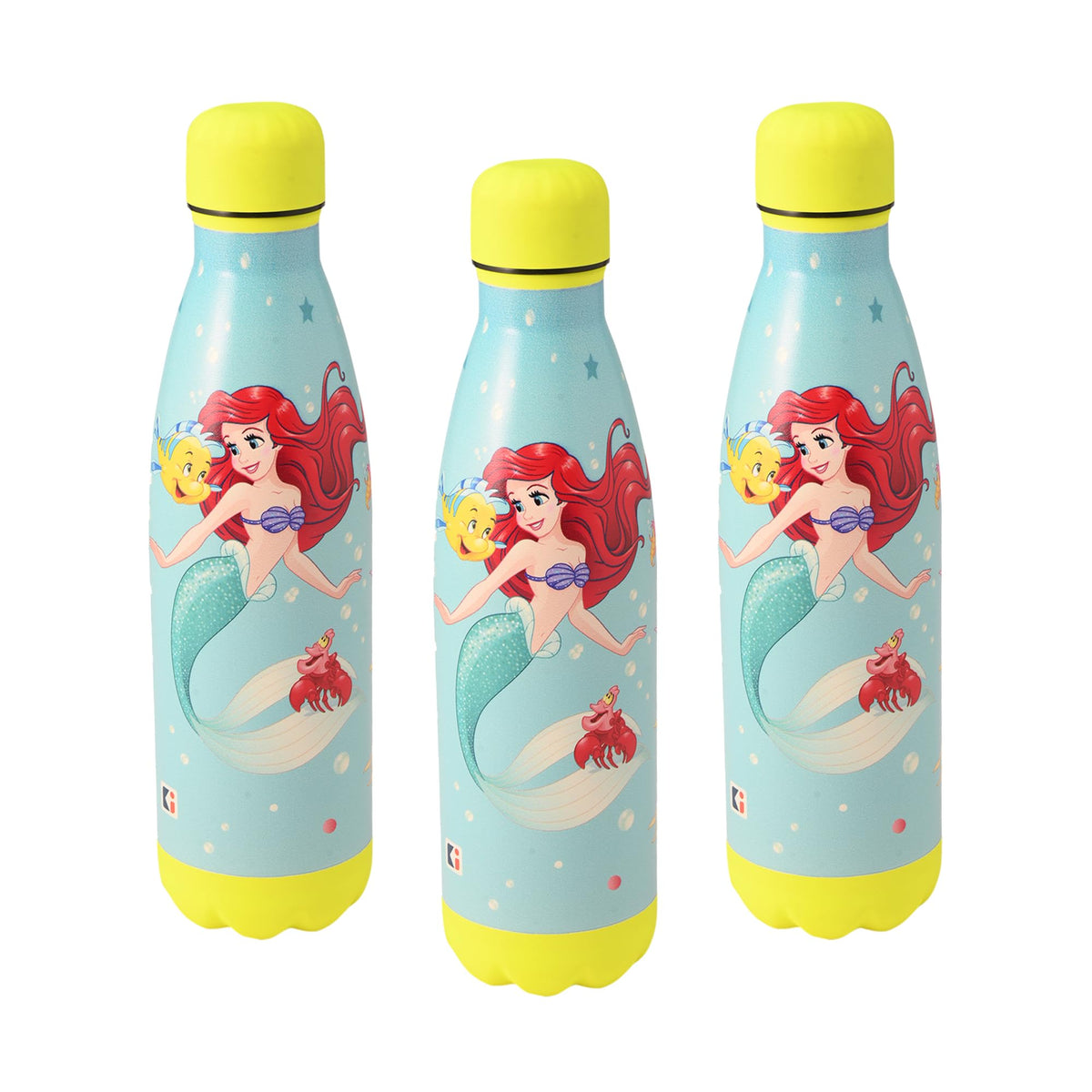 Kuber Industries 500 ml Water Bottle with 2 Lids | Disney Mermaid | Stainless Steel Bottle for Travel & Sports | BPA-Free Insulated Sipper Bottle for Adults & Kids with Straw | Sky Blue | Pack of 3