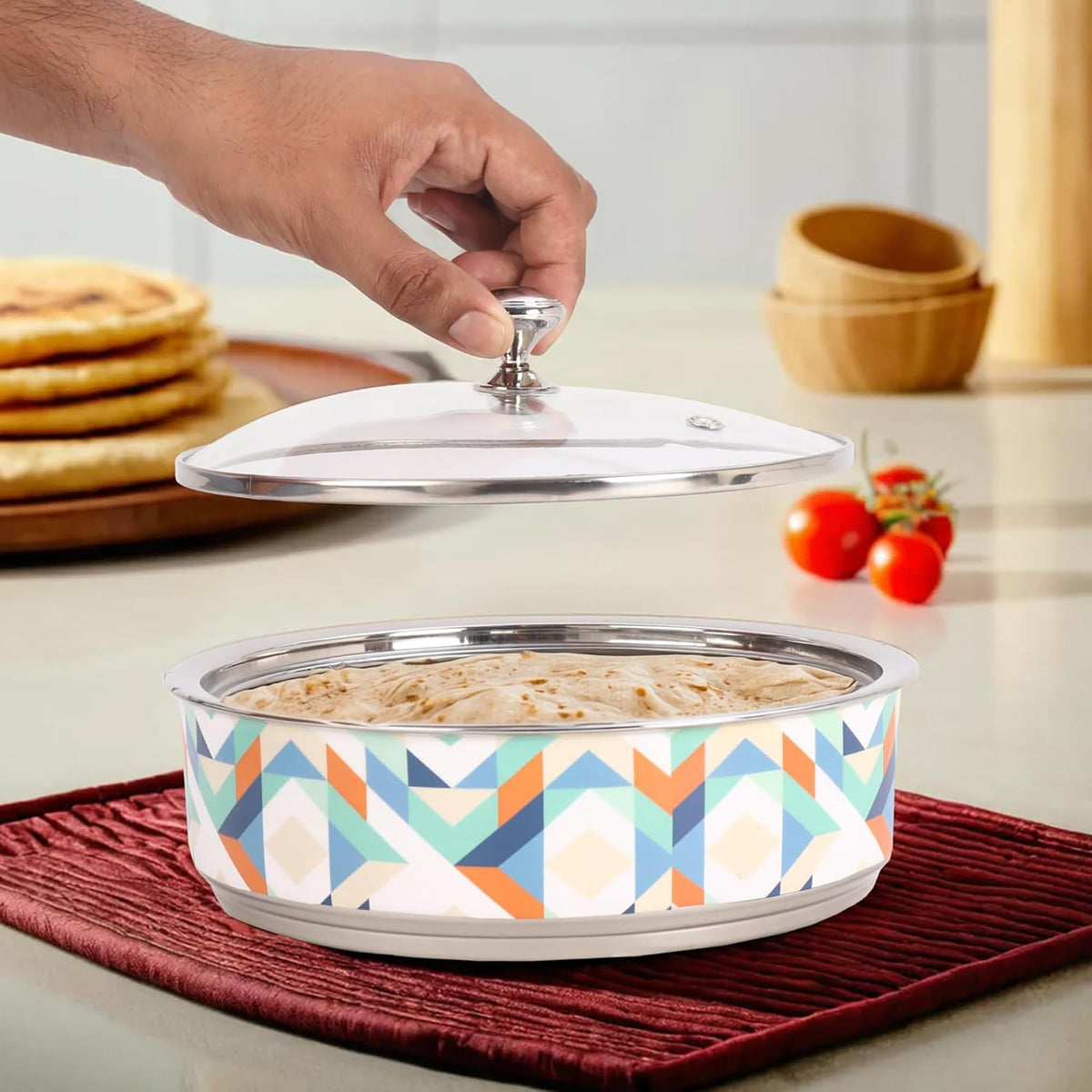 Kuber Industries Pack of 4 Stainless Steel 1.5L Insulated Roti Box with Transparent Glass Lid - Chapati Casserole for Serving & Kitchen - Multicolor