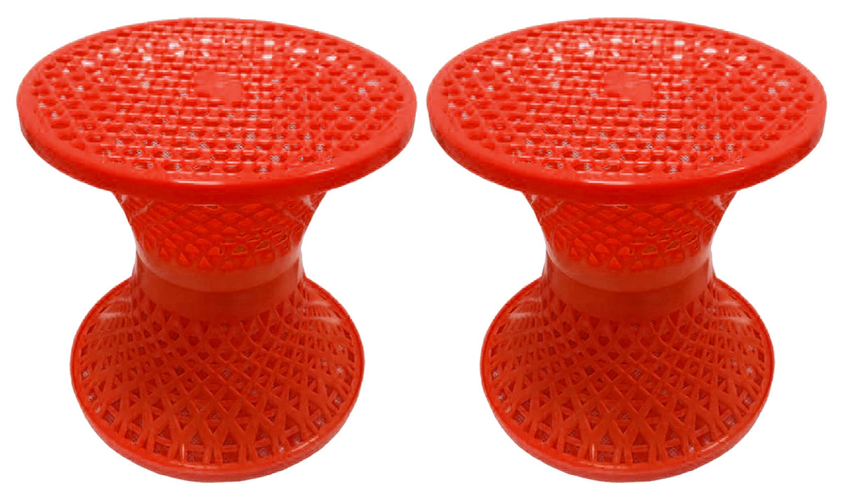 Kuber Industries Mesh Design Both Sided Plastic Sitting Stool for Indoor & Outdoor in Damroo Style- Pack of 2 (Orange)