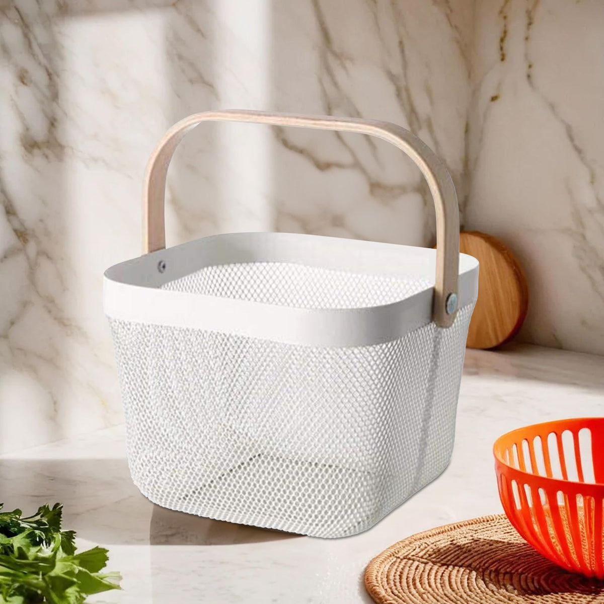 UMAI Metal Mesh Basket For Storage With Wooden Handle - White | Fruit Basket | Storage Baskets | Storage Organizer | Home Decor Items